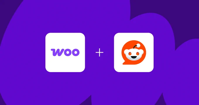 The Woo and Reddit logos over a purple background.