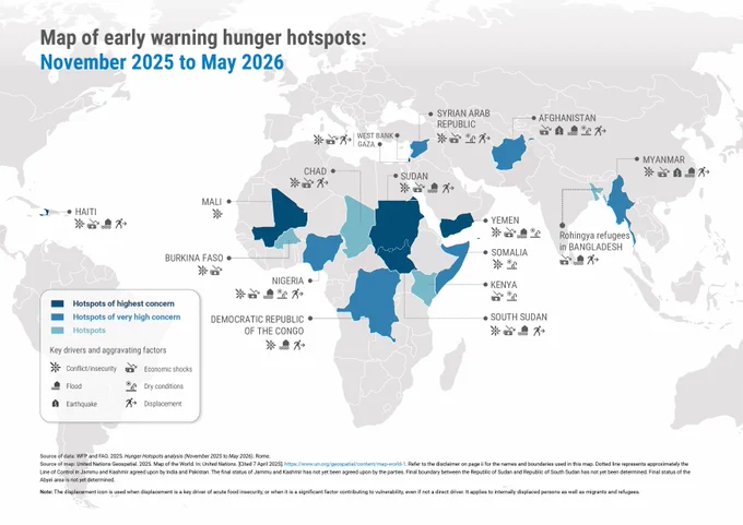 Map image of Hunger Hotspots - 16 countries/territories facing acute food insecurity