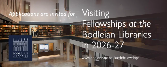 Promotional banner inviting applications for Visiting Fellowships at the Bodleian Libraries for 2026-27, featuring an interior view of the library.