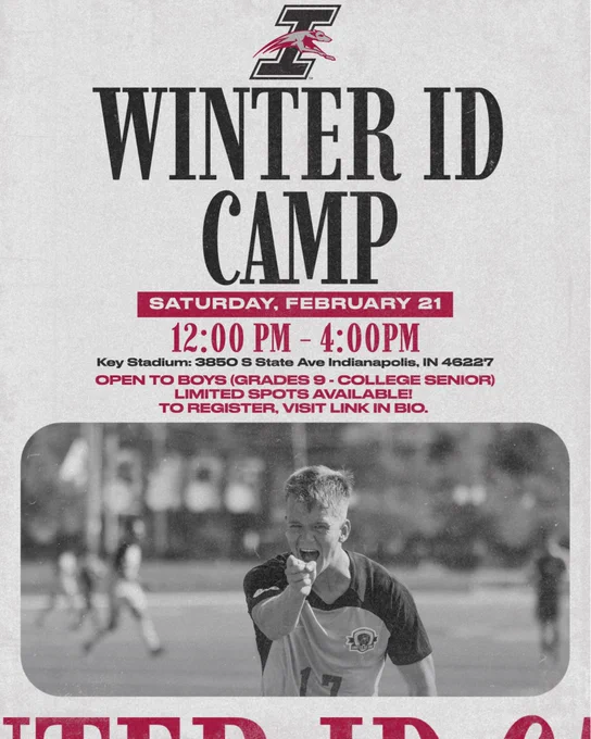 Graphic describing the upcoming men’s soccer ID camp at the University of Indianapolis that will take place on February 21, 2026.