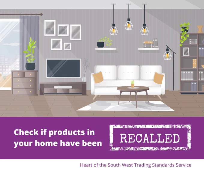 Illustration of a sitting room. Text reads Check if products in your home have been recalled