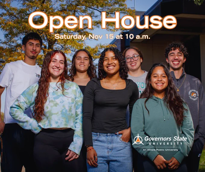 Promotional image for Governors State University featuring a diverse group of seven smiling students standing outdoors. Text overlay announces 'Open House, Saturday, Nov 15 at 10 a.m.'
