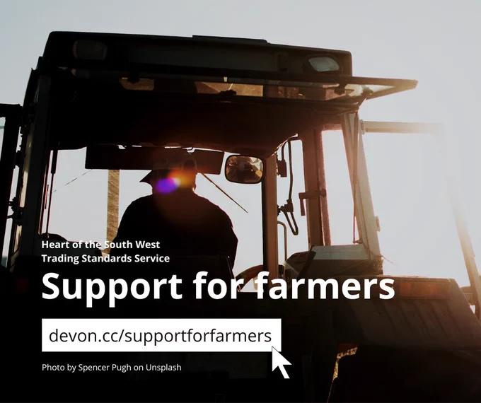 A farmer in a tractor with the sun behind him. Text says: Support for farmers