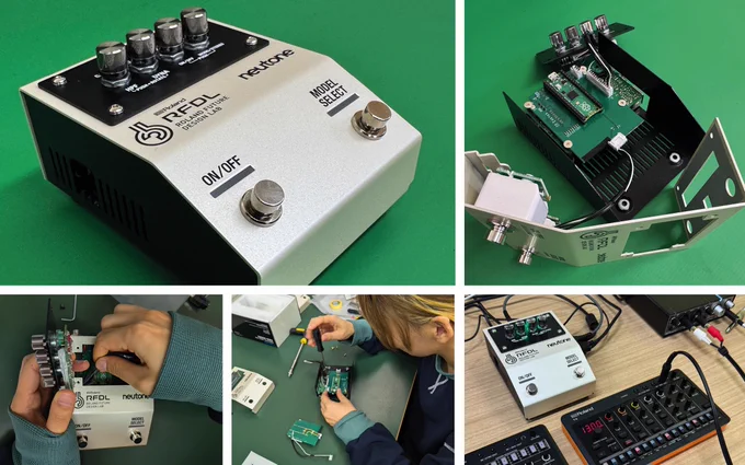 Multi-panel image: RFDL/neutone pedal with two stomp buttons and four encoders in a metal case; the case pulled apart to reveal the RasPi 4-controlled innards, someone assembling/disassembling the pedal, the pedal plugged into an audio interface and Roland devices.