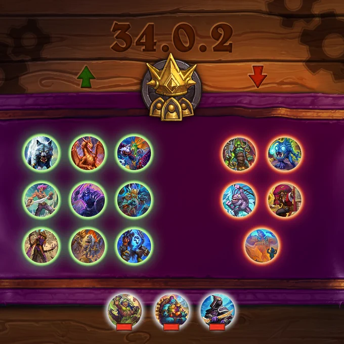 Hearthstone Battlegrounds patch 34.0.2 balance teaser. A golden crown emblem appears at the top. To the right are buffed cards (Young Murk-Eye, Peggy Sturdybone, Eternal Knight, Noisul of the Many Faces, Carapace Raiser, Catacomb Crasher, Fire-forged Evoker, Fauna Whisperer, Goldrinn, the Great Wolf). To the right are nerfed cards (Coldlight Diver, Lost City Looter, Oranomonos, the Wilted, Lord of Ruins, Azerite Empowerment). To the bottom are removed cards (Cultist S'Thara, Transmuted Bramblewitch, All-Seeing Elder).