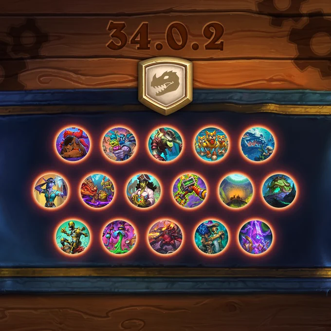 Hearthstone Battlegrounds patch 34.0.2 balance teaser. To the right are nerfed cards (Fyrakk the Blazing, Ancient of Yore, Arkonite Defense Crystal, Dive the Golakka Depths, Escape the Underfel, Ultralisk Cavern, Sparkling Phial, Corpsicle, Sanguine Infestation, Sandbox Scoundrel, Metal Detector, Resuscitate, Testing Dummy, Chemical Spill, R.C. Rampage, Battlefiend). There are no buffed cards.