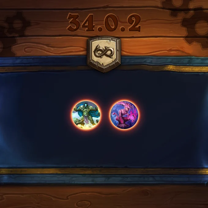 Hearthstone Battlegrounds patch 34.0.2 balance teaser. A golden crown emblem appears at the top. To the right are nerfed cards (Holy Wrath, Malchezaar's Imp). There are no buffed cards.