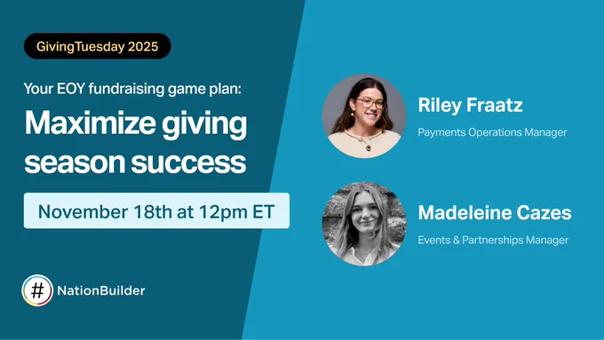 An inviting webinar announcement featuring a dynamic diagonal split design in energetic teal and sky blue tones. Two expert presenters are showcased, Riley Fraatz and Madeleine Cazes, inviting nonprofit leaders to join this timely session on empowering their year-end fundraising success.