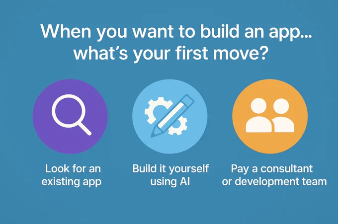 The way we create applications evolves with technology!

Before building anything, it’s essential to investigate first.

Many companies and professionals are asking the same question.
What’s the right approach to turn an idea into an app?

The truth is, there’s no longer a “one-size-fits-all” path.

When you realize there’s a problem worth solving, and an app could be the solution, you now have three main options — each reshaping how innovation happens today:

- Look for an existing app:
Chances are, someone has already built something close.
The upside? Fast, cheap, and low effort.
The downside? You may adapt your process to their tool — not the other way around.

- Build it yourself using AI:
Thanks to platforms like GPTs, Replit AI, and low-code builders, you can now go from idea to prototype in days.
But remember: AI helps you build faster, not necessarily better.

- Pay a consultant or development team
Still a great option when stakes are high — you get structure, architecture, an