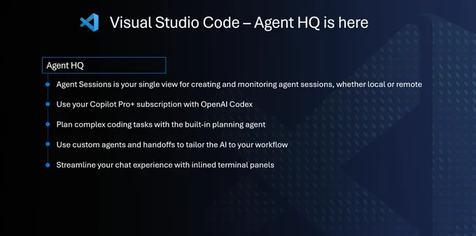 A slide titled “Visual Studio Code – October Update [1.106]” with three columns of feature highlights.

Agent HQ: Agent Sessions view as mission control for agent tasks, OpenAI Codex integration, built-in planning agent, custom agents and handoffs, inlined terminal panels in chat.
Security & Trust: Open sourcing inline suggestions, tool pre- and post-approval, expanded MCP auth support, control MCP server access with custom MCP registries, Linux device policy support.
Great coding experience: Copy text from deleted lines in diff editor, VS Code product icon refresh, Terminal IntelliSense GA, compare source control branches and tags.
