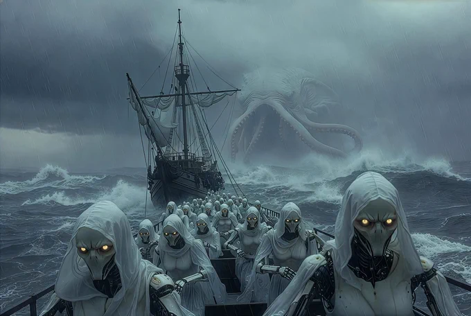 In the midst of a stormy, raging sea, a gigantic fog clouds the background and the sky. A large ship and its sailors, hooded humanoid human-sized robots in white robes with dim pastel-yellow lights for eyes, on their white-shelled bodies faint traces of ethereal magic linger, are trying to outrun an equally-massive pale-skinned kraken, with its outline faintly cast from beyond the fog.