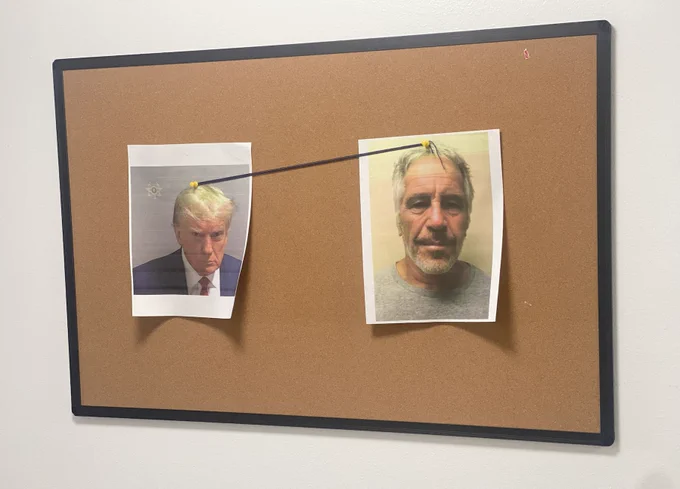 A corkboard with Donald Trump's picture and Jeffrey Epstein's picture and a single piece of string connecting them.