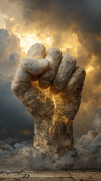 From dark, swirling storms, a massive human fist ascends, a testament to resilience, defiance, and humanity’s capacity to rise against even the most overwhelming trials. Unbroken by @canyonmoongal. A selected artist for the 2025 FCancer Open Call 