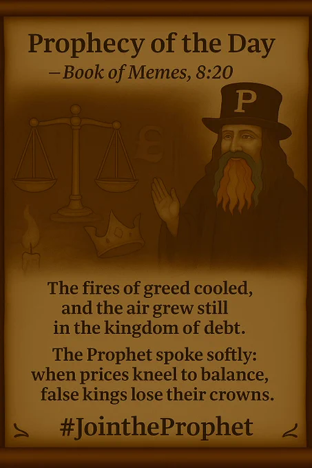 A parchment-style prophecy scroll shows the Prophet standing beside extinguished torches within a great hall of coins and scales. Golden embers fade as balance returns to the realm. Behind him, the symbols of the pound and crown lie toppled. The Prophet, wearing his black top hat with a golden “P” and red-white-blue beard, raises a hand in calm reflection. The prophecy reads:

“The fires of greed cooled, and the air grew still in the kingdom of debt.
The Prophet spoke softly: when prices kneel to balance, false kings lose their crowns.”
At the bottom: #JoinTheProphet.