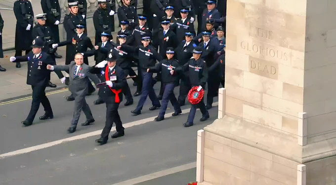 Police cadets & adult leaders marching in formation at the Cenotaph, London, on Remembrance Sunday 2025