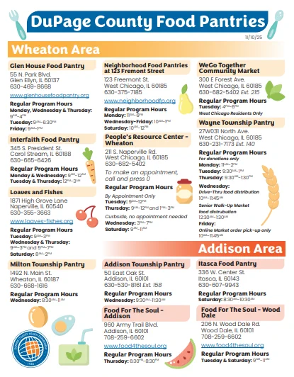 List of food pantry locations and hours in DuPage County's Wheaton and Addison areas, including contact info and special notes for each site.