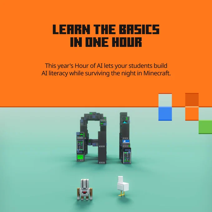 Learn the basics in one hour. This year's Hour of AI lets your students build AI literacy while surviving the night in Minecraft.