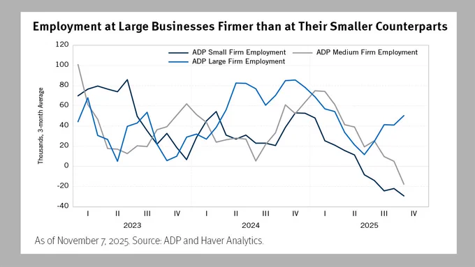 Chart shows 3-month average payroll numbers for large, medium and small employers from 2023 to October 31, 2025.