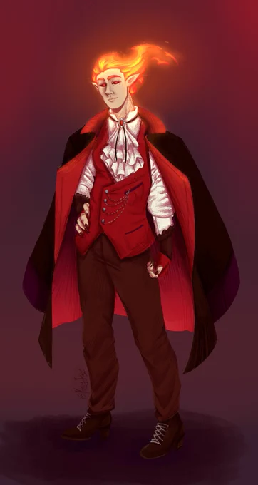 A drawing of Tango, he's wearing a red gilet with a white blouse under it, with a cravat. He has dark red pantaloons and black slacks under it. Over this entire debacle he's wearing a huge jacket, the sleeves longer than his arms, think Howl's Moving Castle style but without the diamonds. It has a bright red lapel. Around the collar of his blouse is a bloodred ornate gem thats tied with a string. His hair is fire, glowing a bright red instead of orange. It almost looks pink.