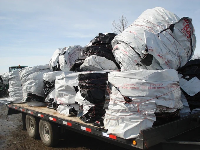 Grain bags on a transport trailer.