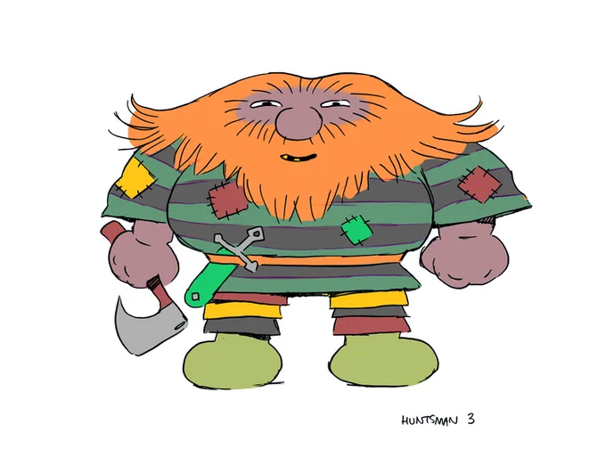 color drawing of a bearded, smiling, huntsman with tan skin and a bright orange beard. His outfit is green with grey stripes and multi-colored patches. In one hand he holds a hatchet. His shoes are lime green.