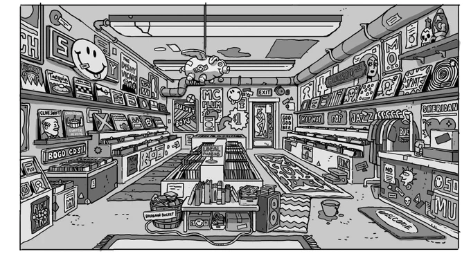 black and white concept drawing of a 90s record store interior. The walls are lined with posters and racks of vinyl records. There are multiple carpets on the ground. a pig sculpture hangs from the ceiling.
