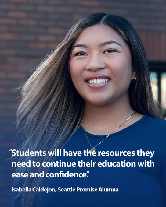 A quote overlayed a portrait of Isabella, Seattle Promise alumna. She is smiling towards the camera in a blue shirt standing in front of a brick wall at Seattle Central. 