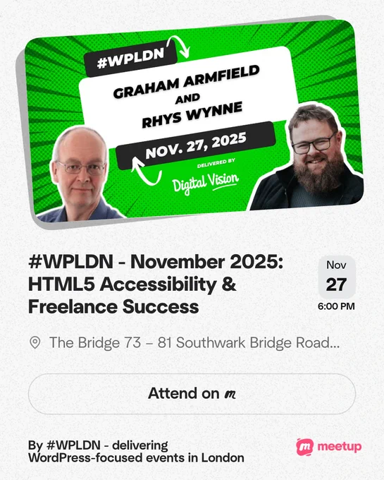 #WPLDN - November 27, 2025 event flyer. Featuring two speakers, Graham Armfield and Rhys Wynne.