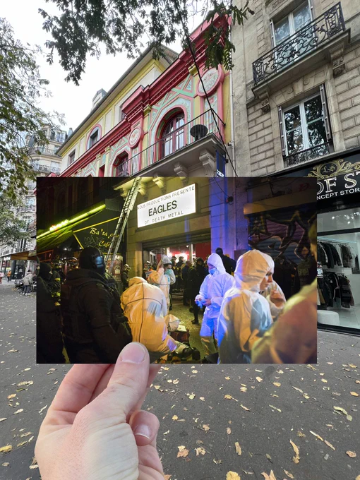 Photo d’une photo prise le soir du 13 novembre 2015, replacée au même endroit dix ans plus tard : des forces de sécurité intérieure (techniciens de la police scientifique, BRI, RAID et pompiers de Paris) devant le Bataclan