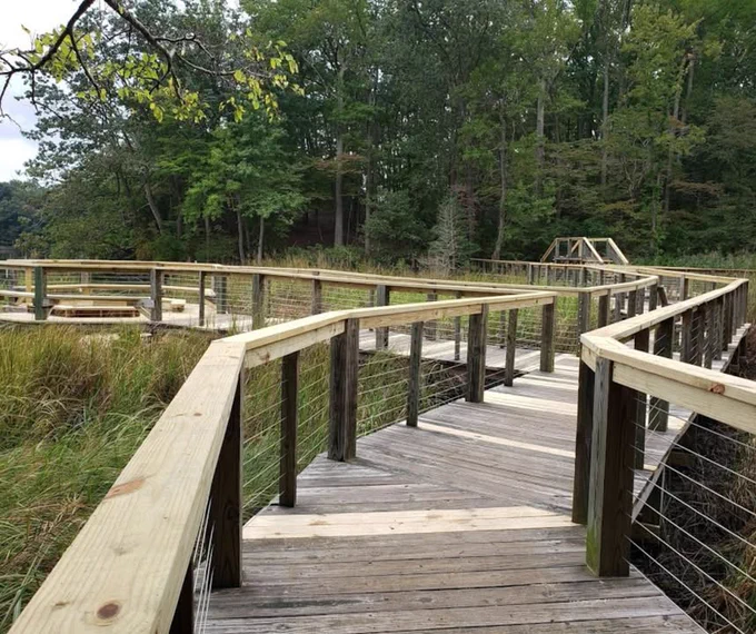 A wooden boardwalk stretches out into a green marsh. An octagonal overlook juts out to the left.