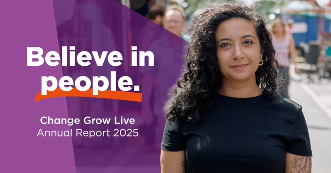 Young woman with curly hair standing outdoors, next to text reading 'Believe in people. Change Grow Live Annual Report 2025' on a purple background.
