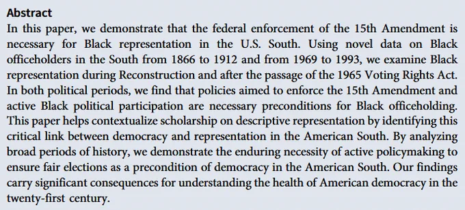 JREP abstract discussing the importance of the 15th Amendment and federal enforcement for Black representation in U.S. politics, analyzing periods from 1866 to 1993, and its impact on democracy and political participation.