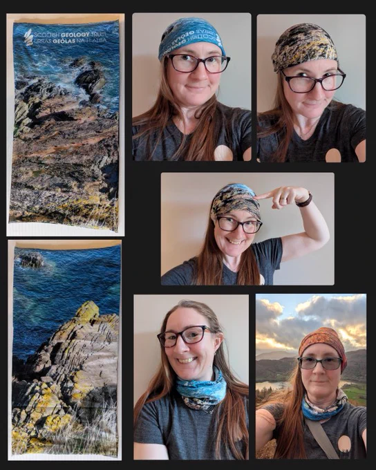 Photo-mosaic showing the front and back of the neckwarmer, whic features a
photograph of Siccar Point, blue sea, and the Scottish Geology Trust logo, and 5 photos of a
woman with long hair and glasses wearing the neckwarmer in different ways. The top two
photos show it being worn as a pirate-style bandana, with a focus on blue sea on the left
image and pink / yellow rocks and lichen on the right. In the middle image the neckwarmer is
being worn as a headband and the woman is pointing to the unconformity plane. In th bottom
two images it is being worn as around the neck. The first five images of the woman are all
against a plain magnolia wall, but the last one has a backdrop of mountains and a lake a
sunset.