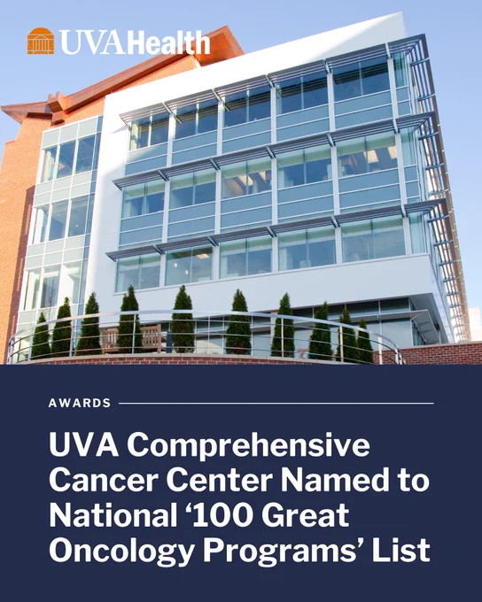 Exterior view of the UVA Health Emily Couric Comprehensive Cancer Center building, with the headline 'UVA Comprehensive Cancer Center Named to National '100 Great Oncology Programs List' displayed at the bottom.