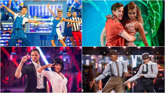 A collage of stills of Strictly Come Dancing couples performing. Clockwise from top left - Ashley Roberts and Pasha Kovalev perform a Jive, Danny Mac and Oti Mabuse perform a Samba, Layton Williams and Nikita Kuzmin and Jay McGuiness and Aliona Vilani