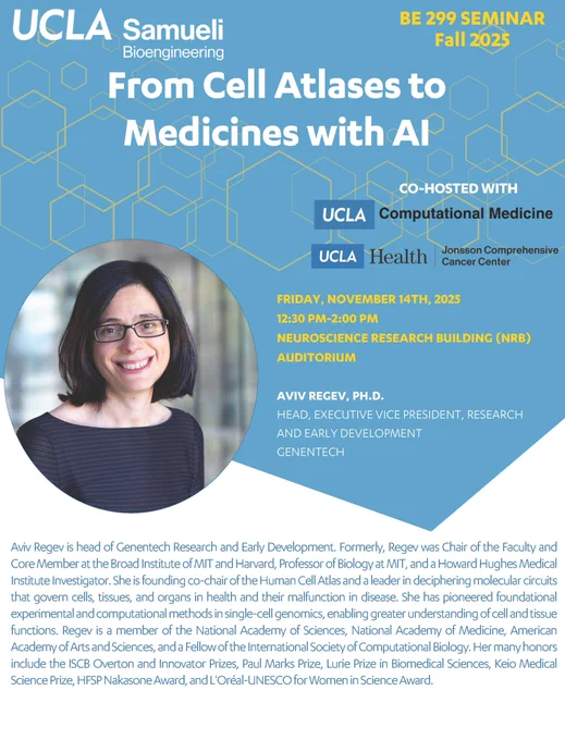 Dr. Aviv Regev @ Genentech on From Cell Atlases to Medicines with AI.
11/14 (Thr) 12:30 pm @ Neuroscience Research Building Auditorium, UCLA
