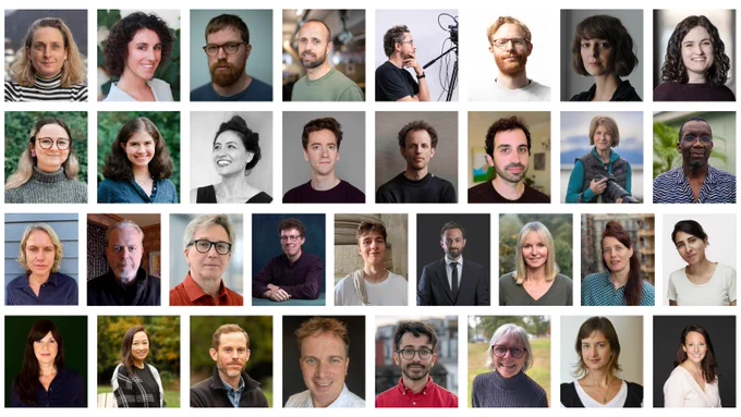 A collage featuring individual portraits of the thirty-three 2025 AAAS Kavli Science Journalism Award winners.