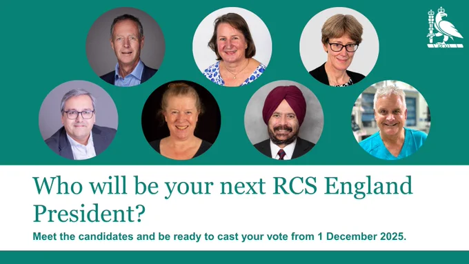 Seven candidates for RCS England President displayed in circular frames against a teal background with voting info for 1 December 2025.