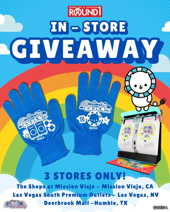 Promotional poster for an in-store giveaway at three Round1 locations: The Shops at Mission Viejo, Las Vegas Premium Outlets, and Deerbrook Mall. Features a picture of blue gloves with SEGA branding and a standing maimai DX International Version arcade machine. Background has colorful cloud and smiling character at the top right corner.