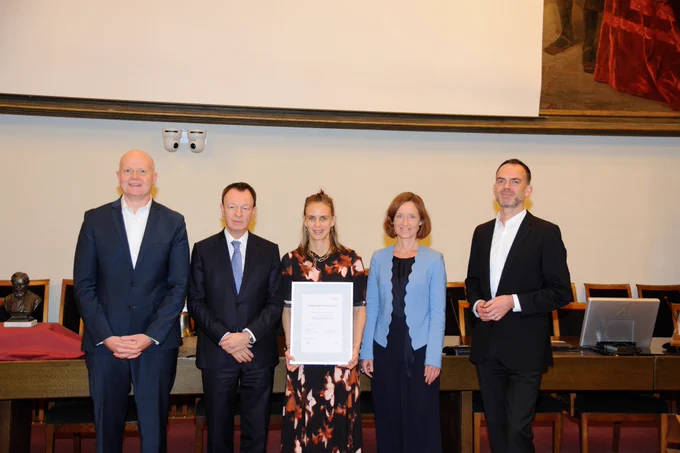 2025 Pettenkofer Award Ceremony, New Townhall Munich, Nov 10, 2025. From left to right: Stadtdirektor Stefan Eckhardt (Chairman Board of Trustees Pettenkofer Foundation, Prof. Sebastian Suerbaum (Max von Pettenkofer Institute), Prize Winner Prof. Theresa L. M. Thurston, Dr. Julia Riedlinger (Roche), Paul Wiggermann (Roche). 