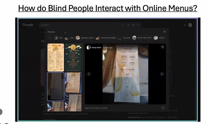 A slide titled “How do Blind People Interact with Online Menus?” showing a screenshot of Google Images displaying various restaurant menu photos. The center shows a large image preview of a tall, narrow menu. Surrounding thumbnails show multiple colorful menu designs posted by restaurants.