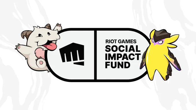 A poro and Wingman sit on either side of a black lockup that features the Riot Games fist logo and the words “Riot Games Social Impact Fund”