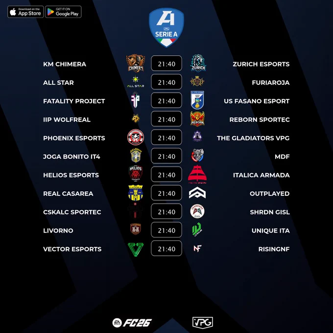 🇮🇹 @VPGItaly Serie A
⚽️ Match #12
🗓️ 13/11/2025 - 22:40
🖥️ https://virtualprogaming.com/community/VPG-Italy

➡️ @KMChimera 🆚 @zurich_esports
➡️ @FC_ALL_STAR 🆚 @xFuriaRoja
➡️ @FatalityProClub 🆚 @UsFasanoeSports
➡️ @WolfrealEsports 🆚 @reBorn_proclub
➡️ @Ph0enix_eSport 🆚 @The__Gladiators
➡️ @JogaBonitoIT4 🆚 @MalatidiFifa
➡️ @Helios_ProClub 🆚 @ItalicaArmada
➡️ @IMPACT_VPC 🆚 @OutplayedEAFC
➡️ @OfficialCSKALC 🆚 @GislXIX
➡️ @LivornoeSports 🆚 @uniQue2k23
➡️ @KT_Vectore 🆚 @RisingNF

#FC26 #VPG #ProClubs #EAFC #WhereTheChampionsPlay