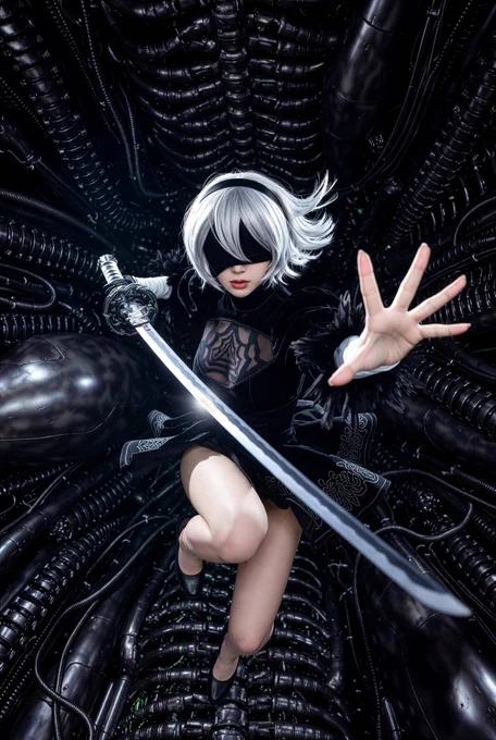 Dynamic mid-leap portrait of a real Japanese woman, 22 years of age, features of a JPOP idol, cosplaying as 2B from Nier: Automata, signature black blindfold covering eyes, short silvery-white hair streaming behind, black asymmetrical dress with high collar and feather accents clinging to athletic form, mid-leap with katana extended forward in thrusting pose, left hand poised elegantly. Surrounding: fully mechanical black H.R. Giger-inspired biomechanical nightmare - oily black metallic exoskeletons fused with ribcage arches and spinal pipes, phallic tendrils and segmented cables writhing from dark glossy walls, xenomorph hive textures with no organic flesh only machine horror, dim green bioluminescent veins casting eerie shadows, pitch black void environment. Low-angle heroic shot emphasizing motion and power, dramatic chiaroscuro lighting with rim light on sword edge, hyper-realistic rendering, perfect facial structure and body proportions, intricate details on dress tears