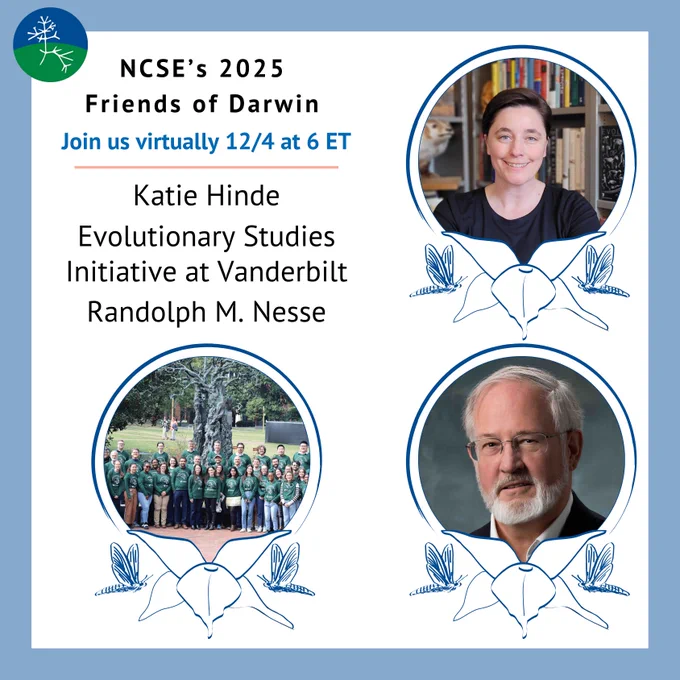 The text reads: NCSE's 2025 Friends of Darwin. Join us virtually 12/4 at 6 ET. Recipients: Katie Hinde, Evolutionary Studies Initiative at Vanderbilt, Randolph M. Nesse. Images: Headshot of Katie Hinde, group photo of Evolutionary Studies Initiative at Vanderbilt, headshot of Randolph M. Nesse.