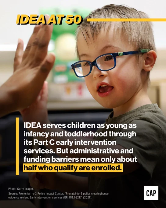A photo of a young boy wearing glasses, giving a high-five to an unseen adult hand. The title banner reads "IDEA AT 50". Text is overlaid on the bottom half of the image: "IDEA serves children as young as infancy and toddlerhood through its Part C early intervention services. But administrative and funding barriers mean only about half who qualify are enrolled." The source is cited at the bottom.