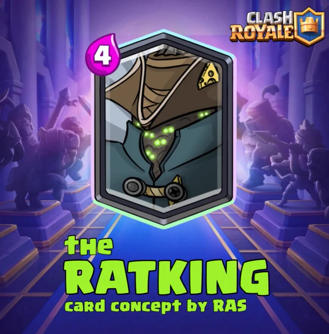 

🧀 New legendary card "the RATKING" - a wild horde of rats whose tails have become knotted together to combine their strength. To avoid being noticed among the other inhabitants of the arena, they have disguised themselves with clothing. However, when attacked, highly aggressive rats occasionally fall from their cloaks.

• Ability Info:

🧀 The Rat King spawns two rats per attack by default, which are his only available attack method. He uses these rats as projectiles and therefore they have no HP! However, the Rat King doesn't have an infinite number of rats. A second bar above the card shows how many rats he still has available. For each kill, he spawns one additional rat for each attack. A maximum of five spawned rats can exist on the field at the same time. If he is destroyed before his rat supply is depleted, the remaining rats will form a large rat cloud and attack the nearest enemy.

🧀 I hope you like my new card and I'm very much look