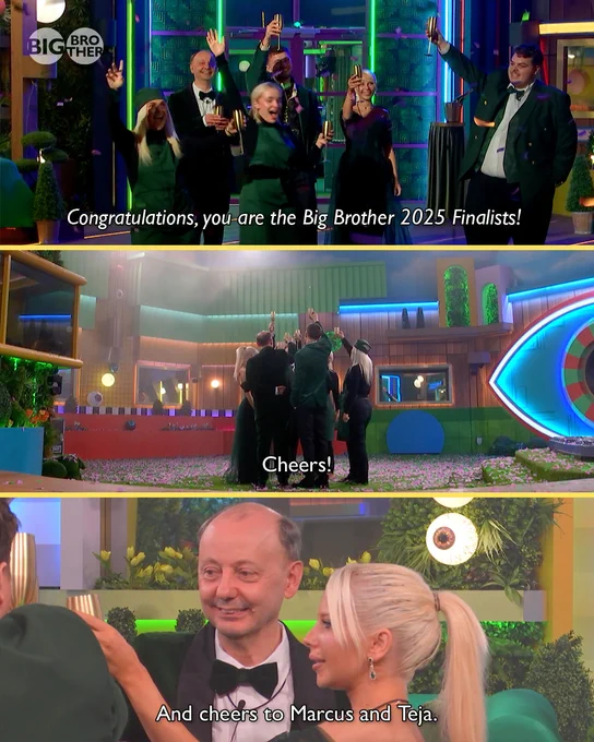 A split image of the Housemates celebrating becoming Big Brother 2025 Finalists. The first image is of Housemates Jenny, Emily, Tate, Richard, Cameron and Elsa with text that reads: "Congratulations, you are the Big Brother 2025 Finalists!" The second image is of all of the Housemates cheers-ing in the Garden. The text reads: "Cheers!" The third image features Elsa and Richard, with the text: "And cheers to Marcus and Teja."