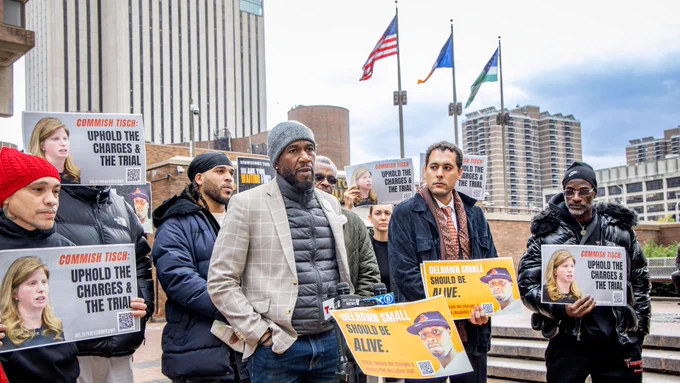The Public Advocate speaks at a press conference outside 1 Police Plaza with Delrawn Small's family and advocates
