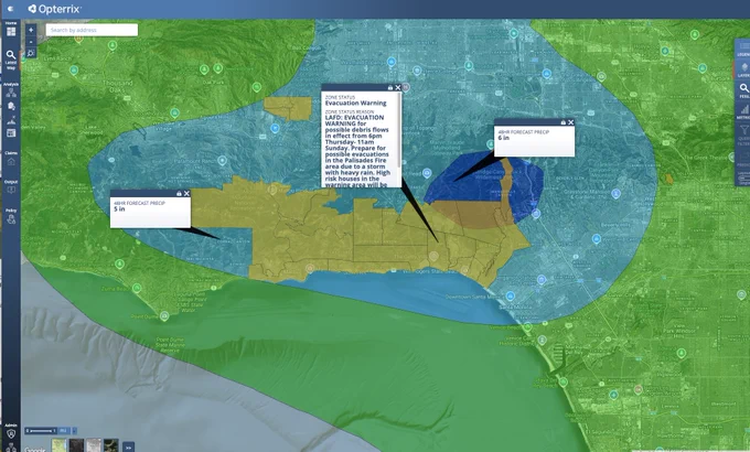 Opterrix map of current evacuation zones from Genasys and 48-hour forecast rainfall for the Palisades Fire area, in Southern California.